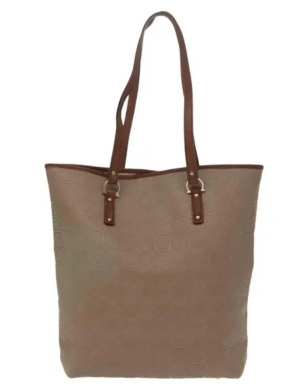 Salvatore Ferragamo Gancini Tote Bag PVCCanvas Brown Gold Auth bs19508